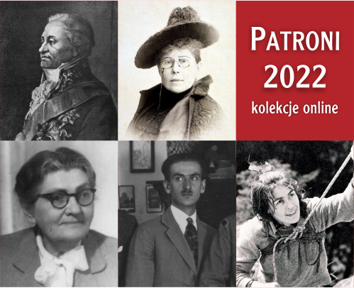 Patroni Roku 2022 - miniaturki zdjęć Marii Grzegorzewskiej, Marii Konopnickiej, Wandy Rutkiewicz, Józefa Mackiewicza, Józefa Wybickiego  