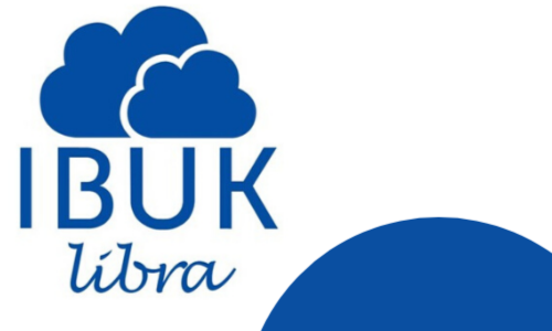 Logo platformy Ibuk Libra napis na białym tle i niebieskie chmury