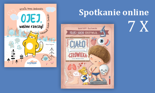 Grafika wprowadzająca - na niebieskim tle dwie okładki książek dla dzieci