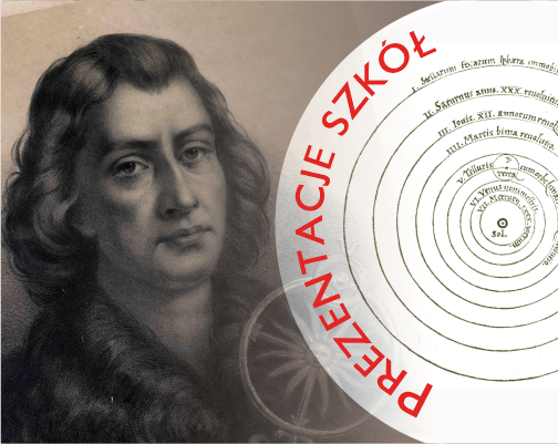Grafika przedstawiająca Mikołaja Kopernika. Napis - Prezentacje szkół